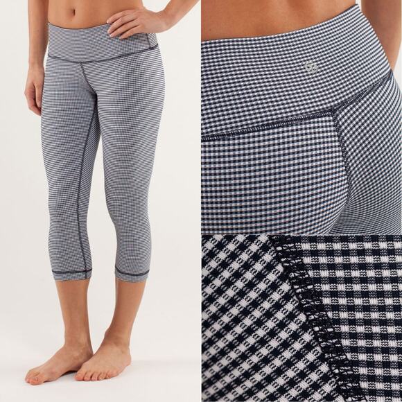 Lululemon Navy White Gingham Wunder Under Crop Mid Rise Workout Leggings - Picture 2 of 9